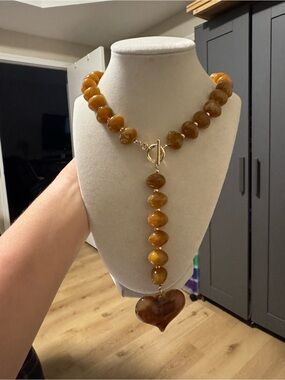 Handcrafted Amber Brown Bead Necklace with Heart Pendant